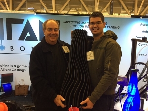 Image: 3DVinyl™ co-inventors Greg Harrison, Specialist on Additive Manufacturing materials and Dennis Planner, 3DVinyl™ Product Manager, Chemson Pacific hold the completed 3DVinyl™ vase.